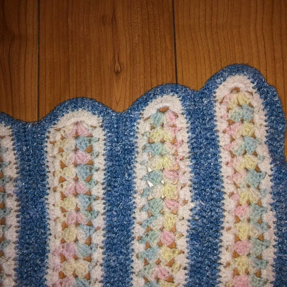 Vintage Crochet Afghan Blue Pink Handmade Baby Crib Quilt Nursery Blanket 40x31